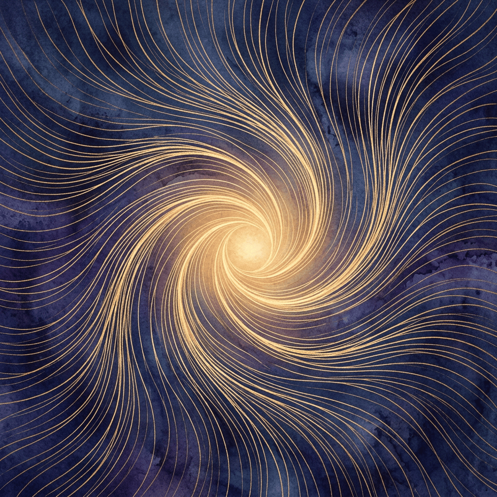 Golden flowing lines spiral around a bright central glow on indigo