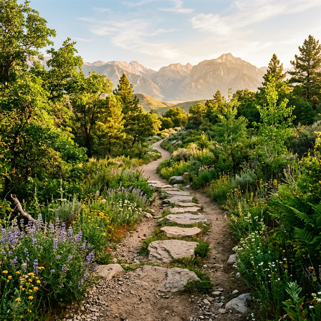 Stone trail winding through a wildflower meadow toward rugged mountains