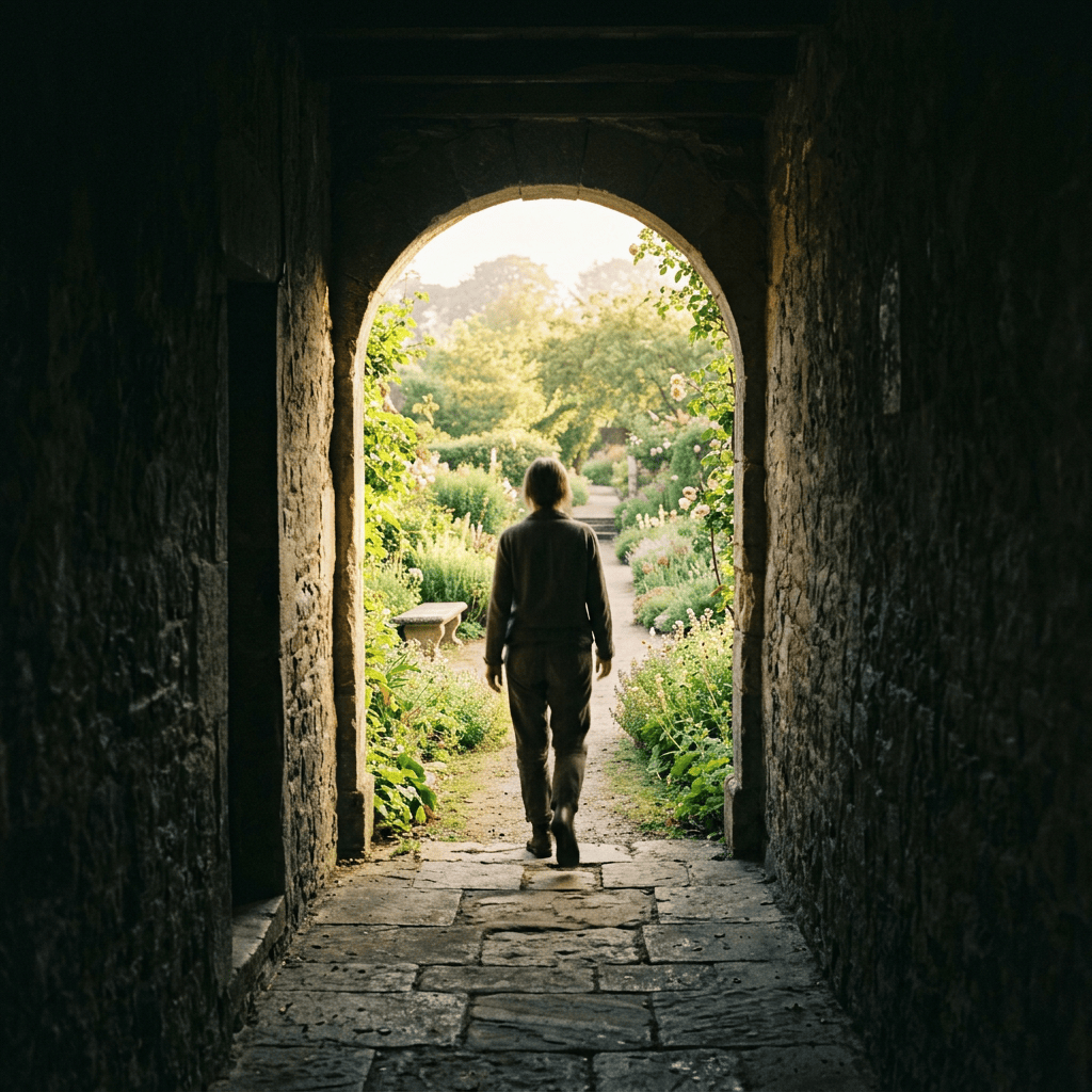 Person walking through a stone archway into a sunlit garden