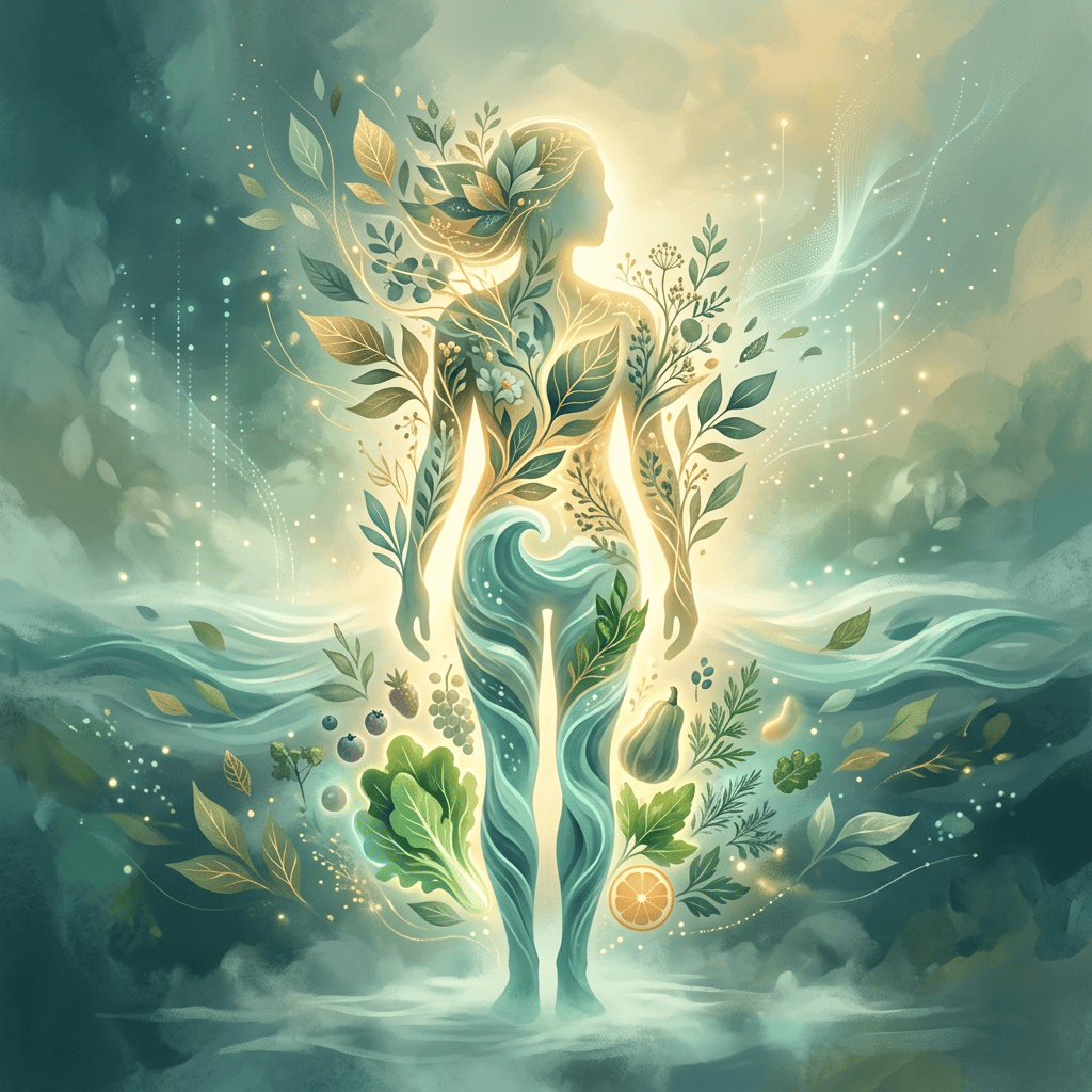 Luminous female figure surrounded by leaves, water, fruits, and vegetables