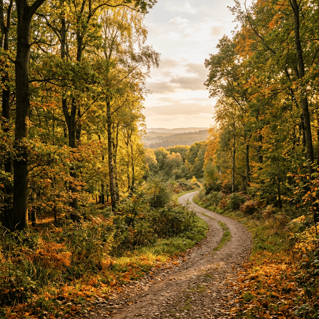 Winding gravel trail through golden autumn woodland toward distant hills