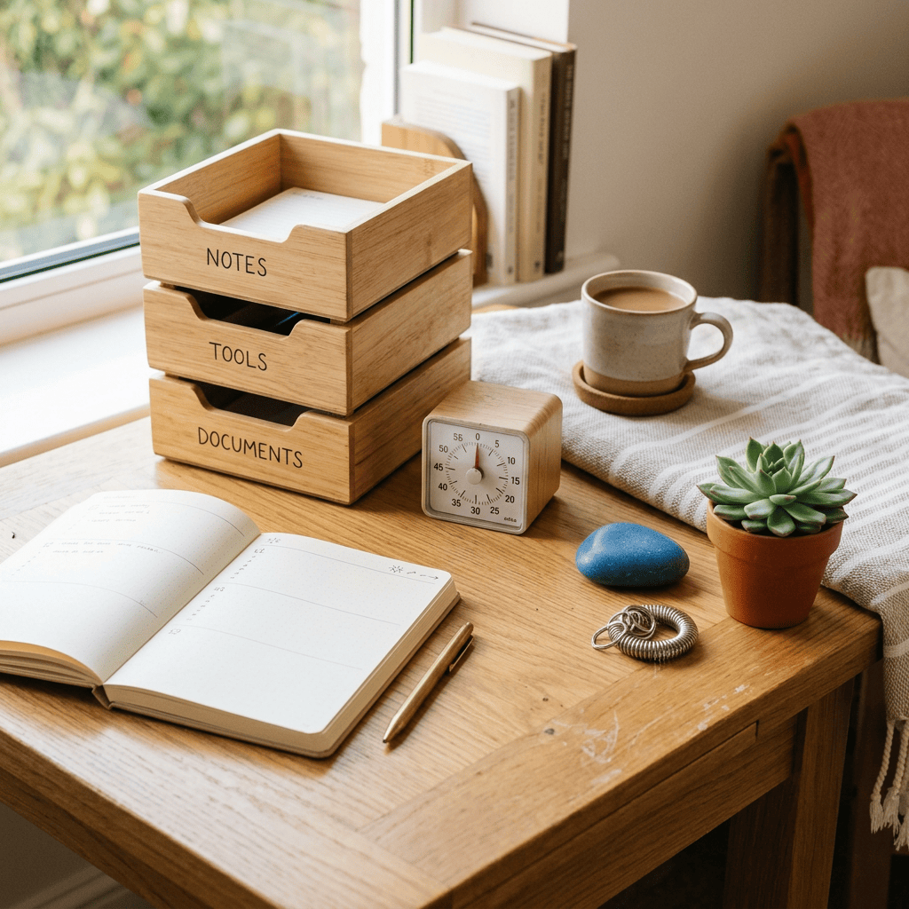 Wooden desk with labeled organizers, open notebook, coffee, clock, succulent, and books