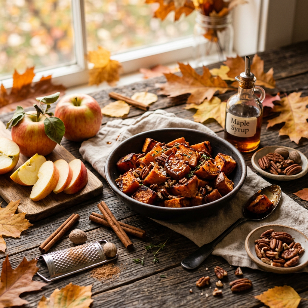 Bowl of roasted apples and sweet potatoes with pecans and maple syrup